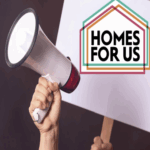 Image of a hand holding a megaphone and a sign saying Homes for us to illustrate a story about a tenants housing union