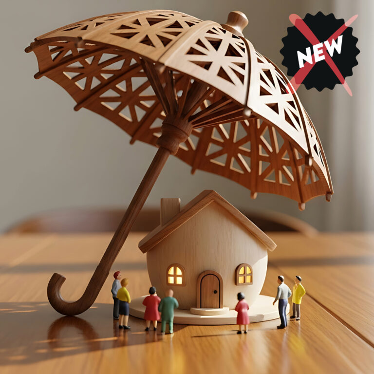 Wooden umbrella sheltering a model house as miniature figures stand around it, symbolising tenant protection delays