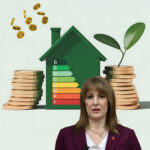 Energy-efficiency graphic with coins, EPC rating chart and a government official highlighting property upgrade costs