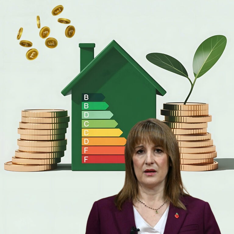 Energy-efficiency graphic with coins, EPC rating chart and a government official highlighting property upgrade costs