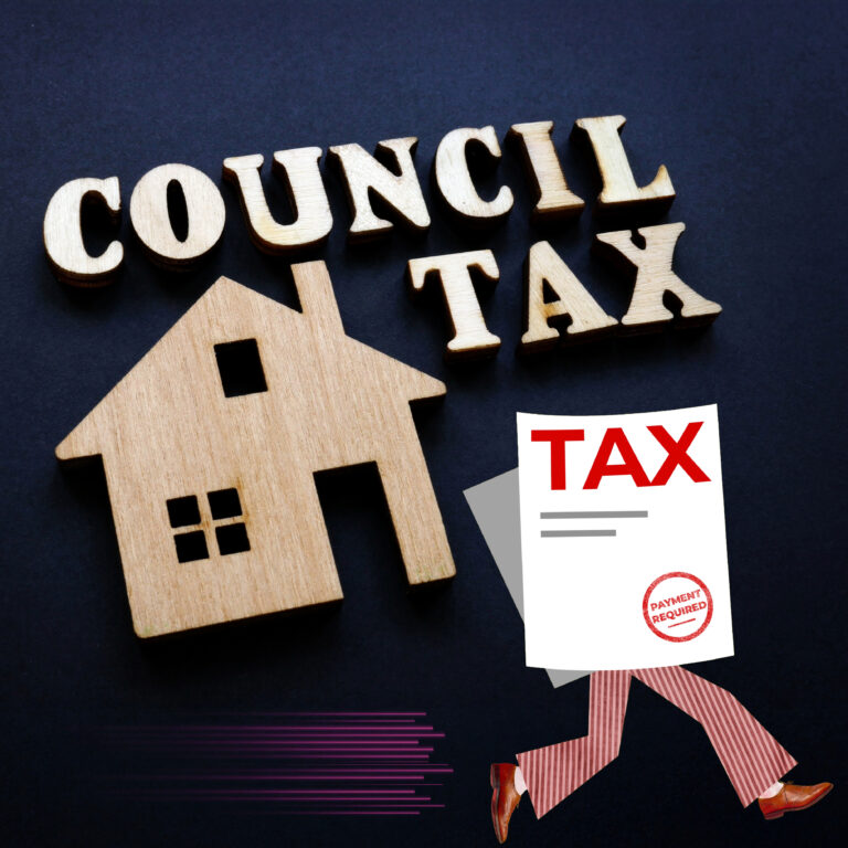 Council tax concept with wooden house icon and tax bill illustration relating to political story on council tax surcharge.