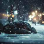 Rough sleeper curled up on a snowy London pavement at night, highlighting the dangers of homelessness during winter