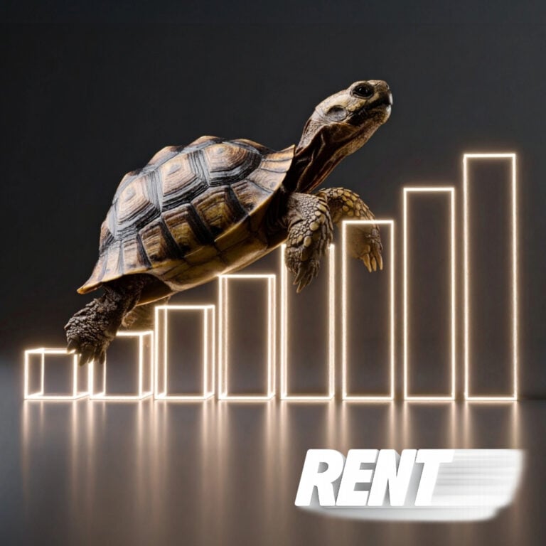 Tortoise climbing a glowing bar chart symbolising rising but slowing UK private rent growth