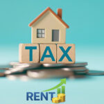 House on wooden TAX blocks above coins with an upward rent arrow symbolising rising property taxes and rents