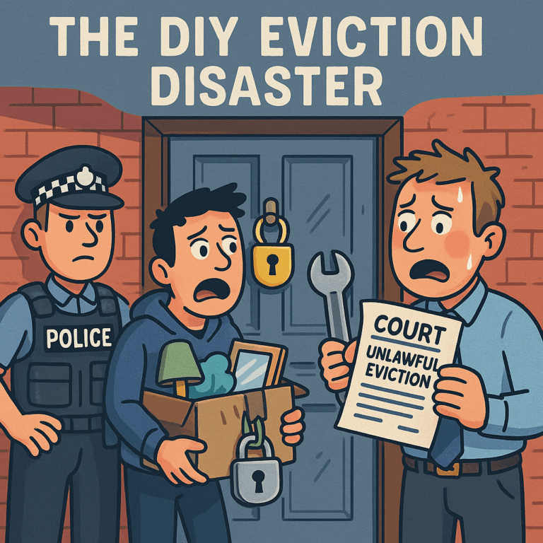 Cartoon of a landlord facing police after an unlawful eviction attempt, holding a wrench and a court notice.