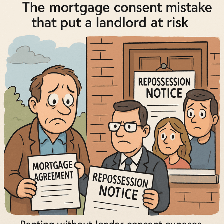 Cartoon of a landlord holding a mortgage agreement while a stern lender issues a repossession notice, with worried tenants watching from a window.