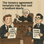Cartoon of a worried landlord in court holding a “Free Tenancy Template” while a confident solicitor holds “Missing Clauses,” with a stern judge presiding.
