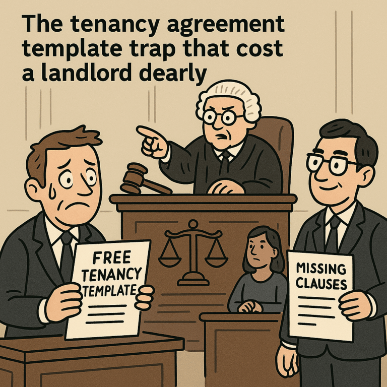 Cartoon of a worried landlord in court holding a “Free Tenancy Template” while a confident solicitor holds “Missing Clauses,” with a stern judge presiding.