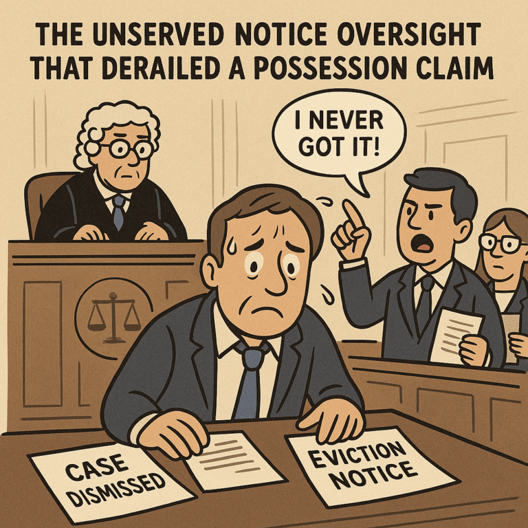 Cartoon of a landlord in court looking distressed as a tenant disputes receiving an eviction notice, with a judge dismissing the case.