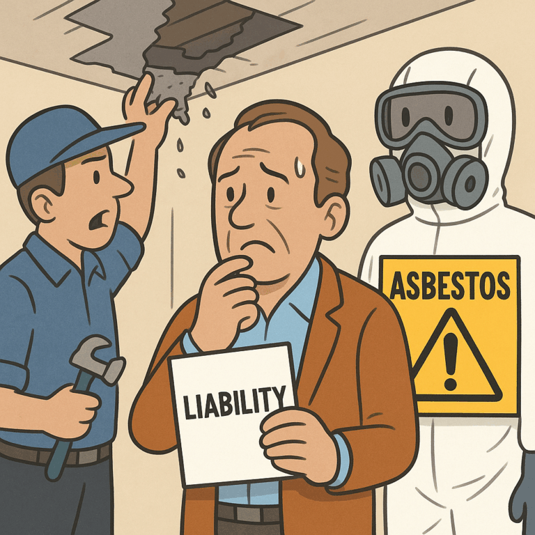 Cartoon of a worried landlord holding a liability notice as a contractor uncovers asbestos in the ceiling and a worker in protective gear stands by
