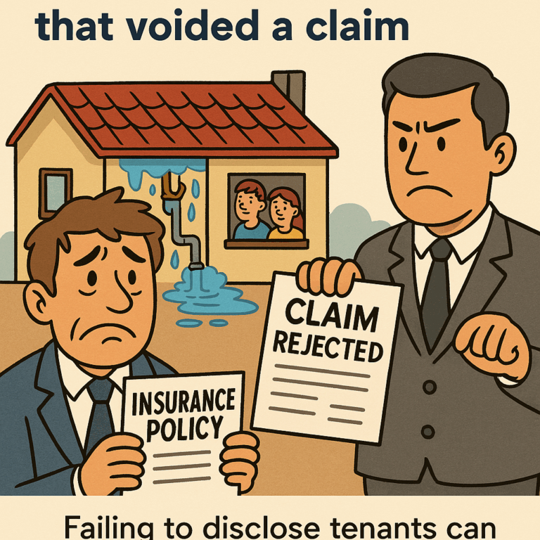 Cartoon of a landlord holding an insurance policy while an insurance agent rejects a claim, with a leaking house in the background.