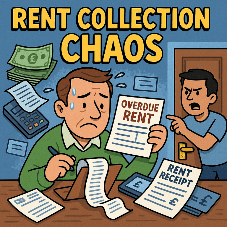 Cartoon of a stressed landlord surrounded by overdue rent papers, receipts, and an angry tenant disputing payments.