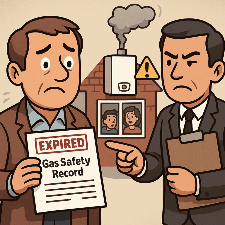 Cartoon of a worried landlord holding an expired gas safety certificate while an inspector points at it, with a house and tenants in the background.
