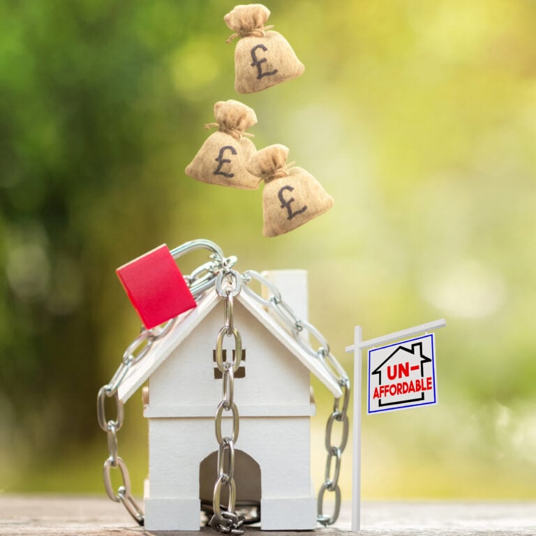 House model chained with padlock and falling money bags illustrating social housing affordability pressures