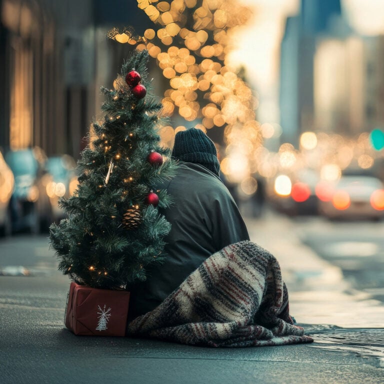 Small decorated Christmas tree beside a person sleeping on a city street, highlighting homelessness during winter