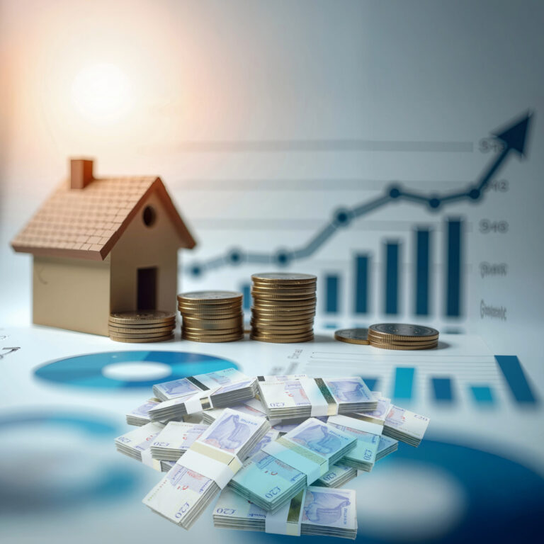 Stacks of money and coins beside a model house with rising chart, representing landlord profits and rental yield growth