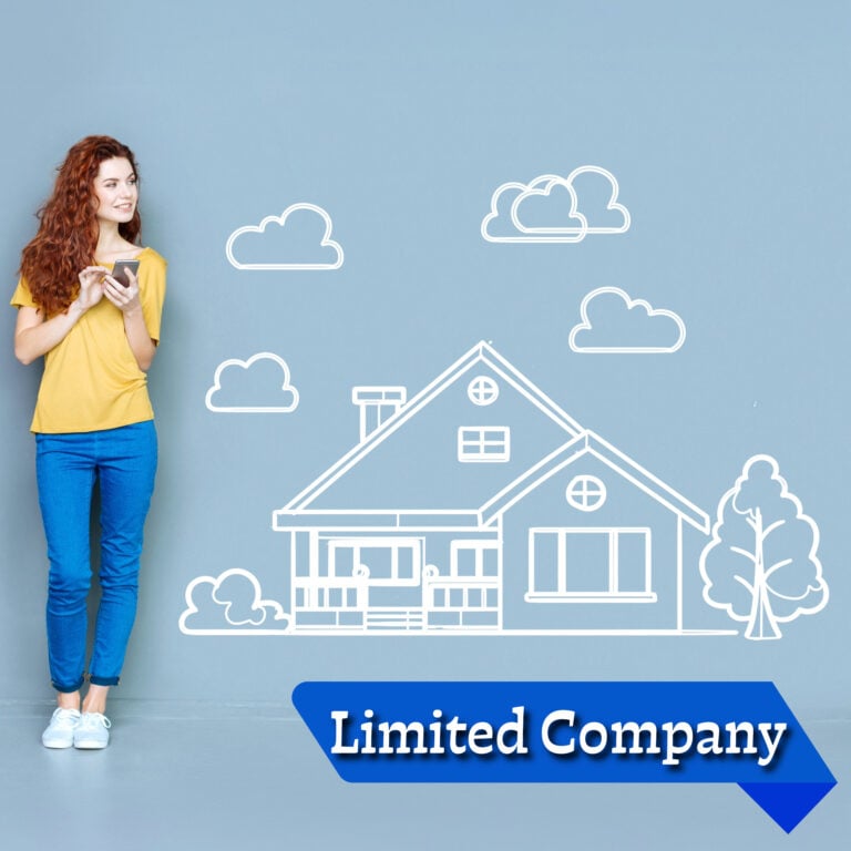 Young landlord using a smartphone beside an illustrated house and “Limited Company” graphic, reflecting buy-to-let incorporation