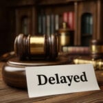 Gavel beside a sign reading “Delayed,” symbolising court backlogs affecting landlord possession cases