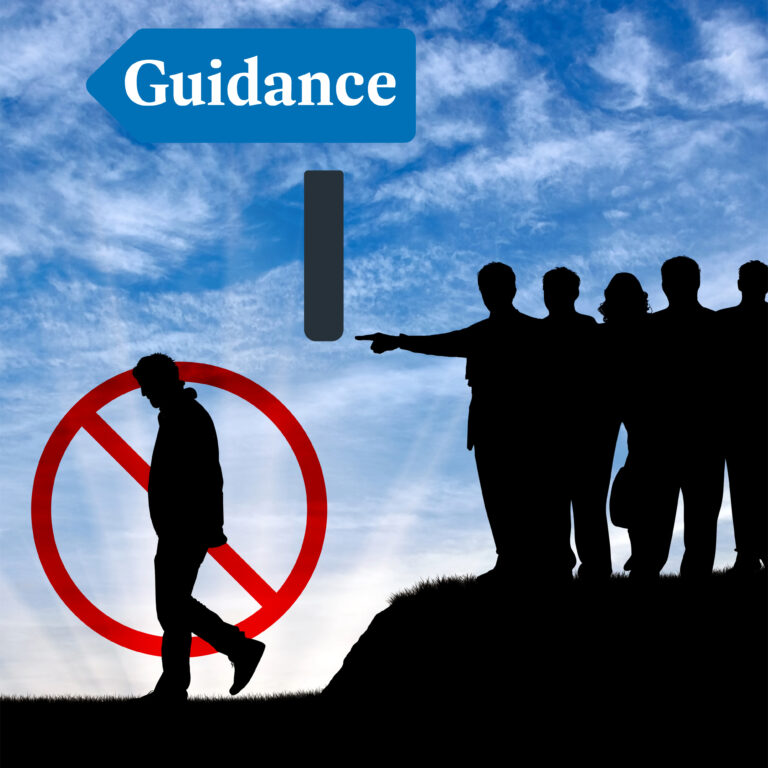 Silhouetted landlords pointing away a tenant under a guidance sign, symbolising rental discrimination rules