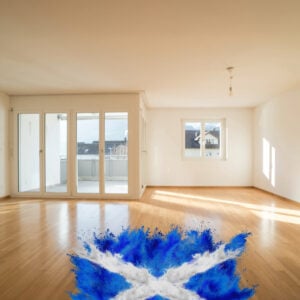 Empty unfurnished room with a blue and white Scottish saltire painted across the floor, symbolising unused housing