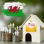 Welsh housing crisis symbolised by eviction notice on a model house beside stacked coins and families, with the Welsh flag above