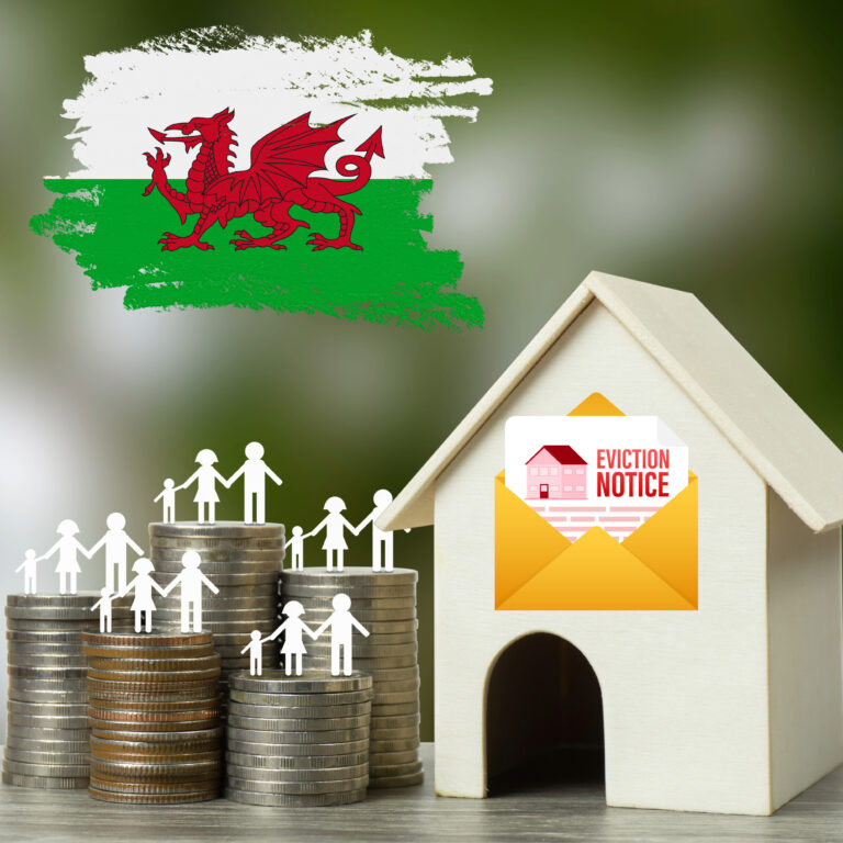 Welsh housing crisis symbolised by eviction notice on a model house beside stacked coins and families, with the Welsh flag above