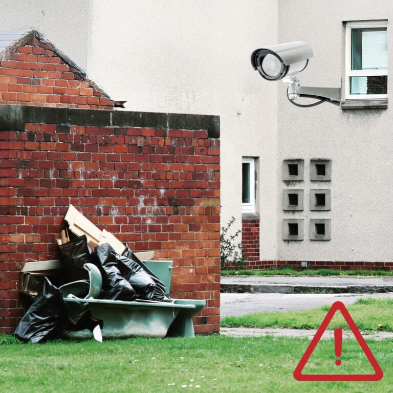 Fly-tipped rubbish piled in an alleyway behind rented homes under CCTV surveillance
