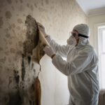 Contractor in protective gear removing mouldy wallpaper from a damp rental property wall