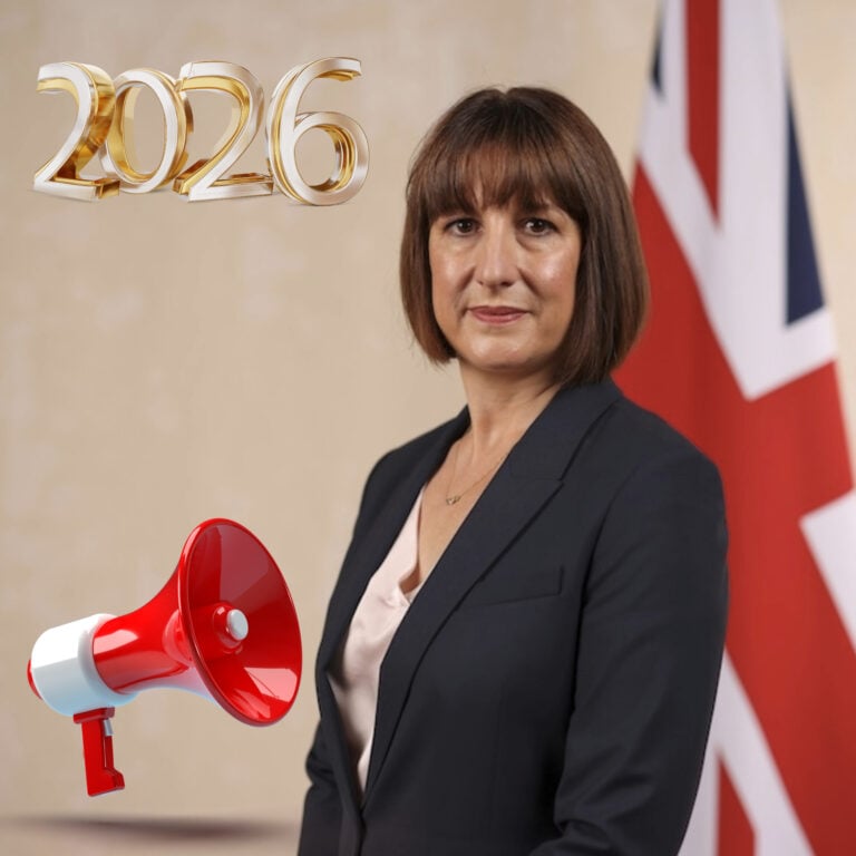 Rachel Reeves announces the 2026 Spring Statement with a UK flag backdrop and 2026 graphic