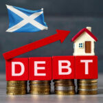 Scottish flag above rising rent debt blocks and house, symbolising pressure on private renters in Scotland
