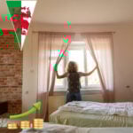 Renter opens bedroom curtains as Wales flag and rising cost graphics highlight increasing room rents