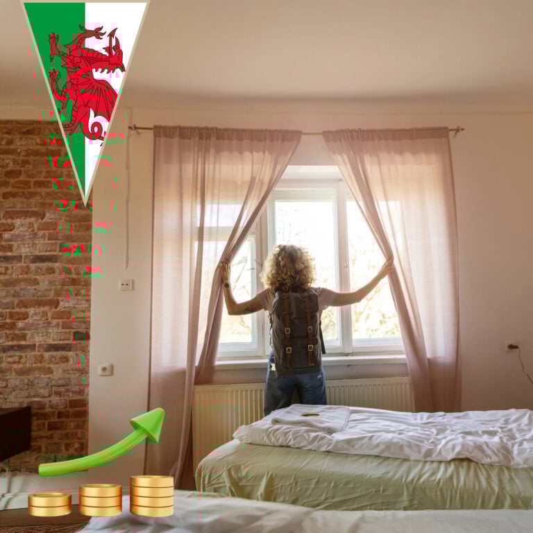 Renter opens bedroom curtains as Wales flag and rising cost graphics highlight increasing room rents