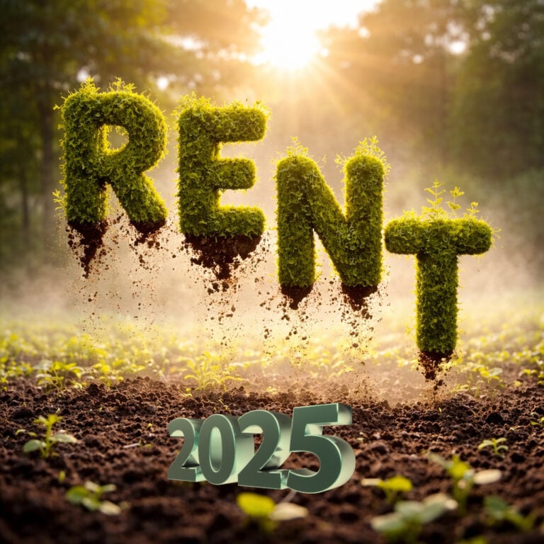 Moss-covered word “RENT” emerging from soil with 2025 below, symbolising the UK rental market outlook
