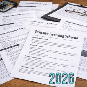 Selective licensing scheme documents spread on a desk, highlighting new landlord compliance rules coming in 2026