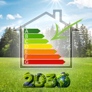 EPC energy efficiency rating chart showing a home targeting EPC C by 2030 against a green landscape