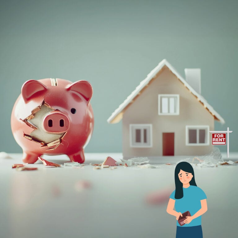 Broken piggy bank beside a rental house, symbolising rising affordability pressures for renters