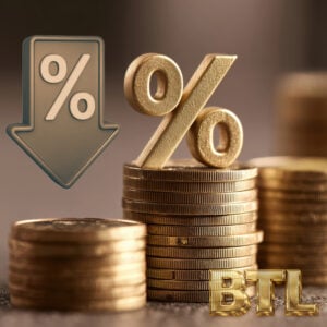 Percentage symbol and downward arrow on stacked coins illustrating falling buy to let mortgage rates