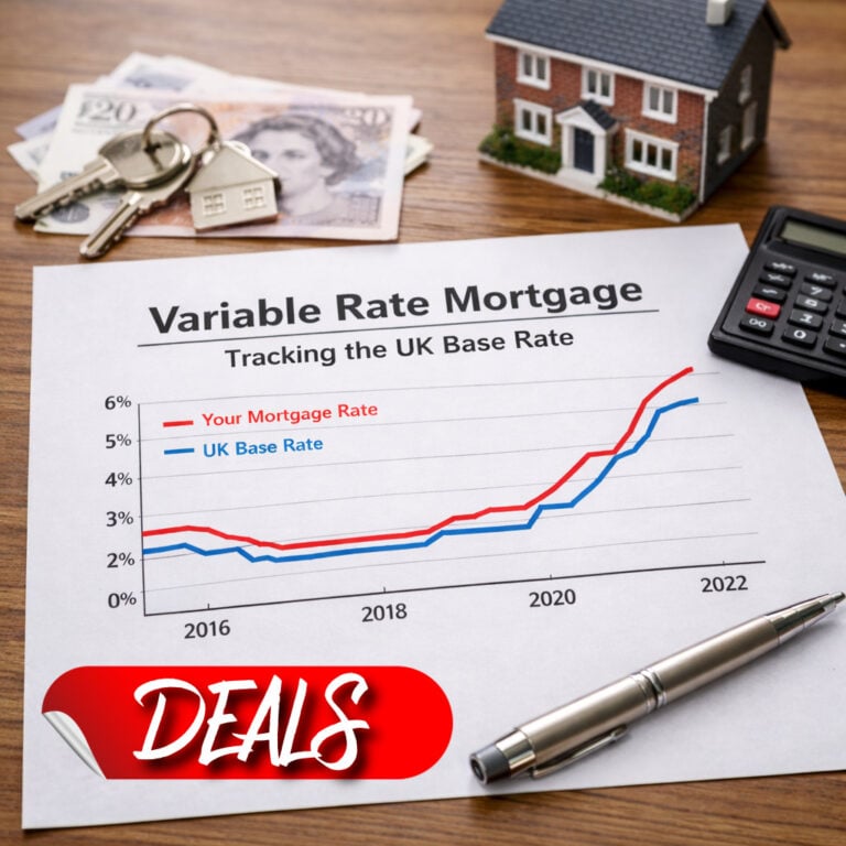 Chart showing variable rate mortgage tracking the UK base rate with house model, keys and cash on a desk
