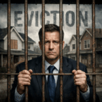 Landlord behind prison bars symbolising tougher sentencing for unlawful eviction and tenant harassment