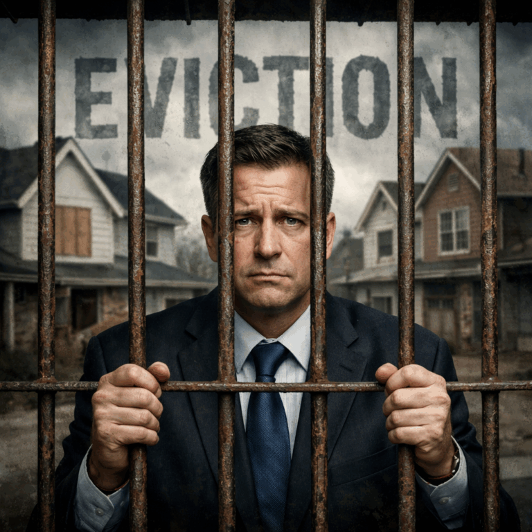 Landlord behind prison bars symbolising tougher sentencing for unlawful eviction and tenant harassment