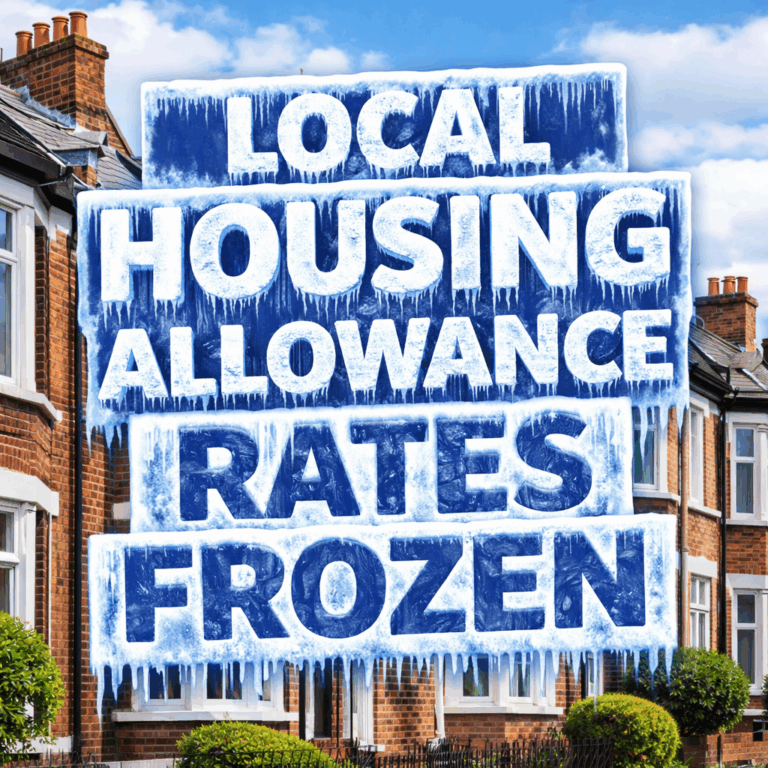 Local Housing Allowance rates frozen headline displayed over UK terraced housing backdrop