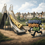 Renters’ Rights Act character chasing confidence down a playground slide in a suburban London setting