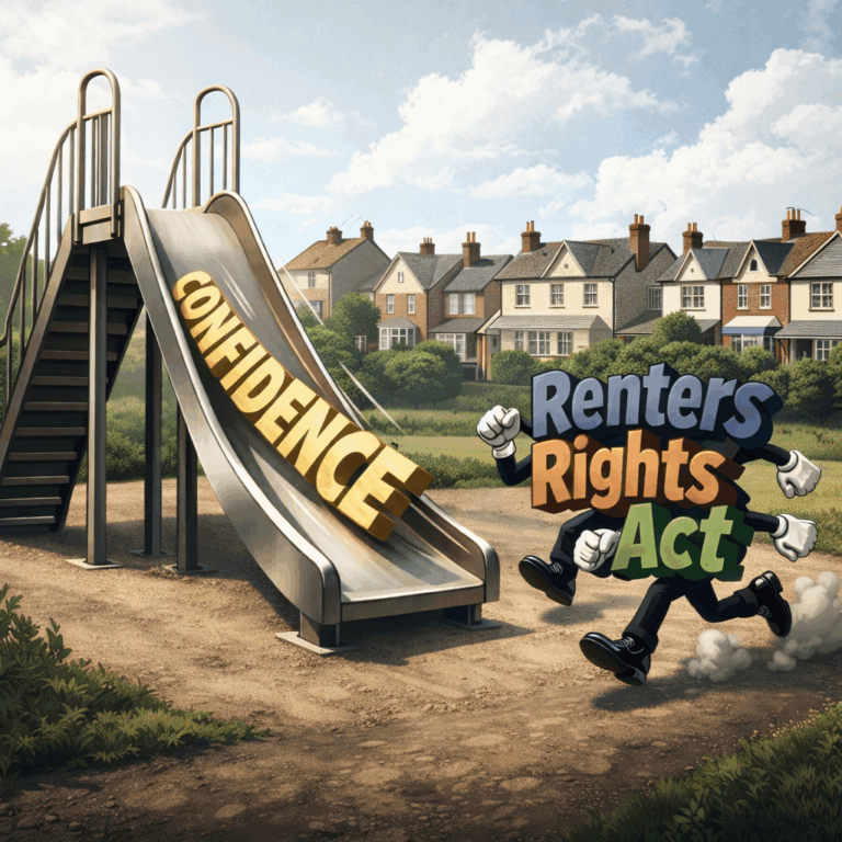 Renters’ Rights Act character chasing confidence down a playground slide in a suburban London setting