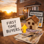 First-time buyer sign beside a model house, keys and money, symbolising improved housing affordability and lower mortgage costs