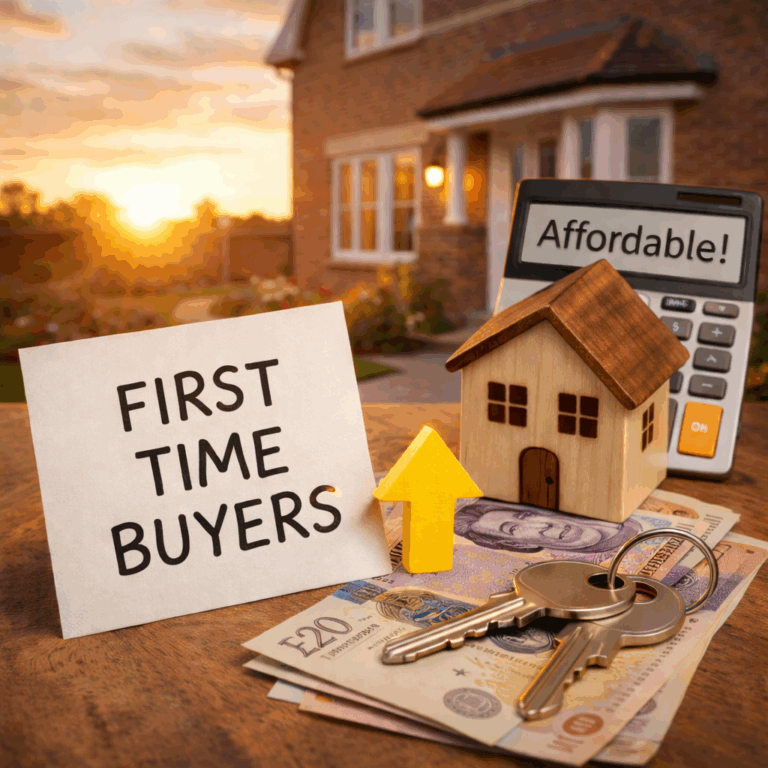 First-time buyer sign beside a model house, keys and money, symbolising improved housing affordability and lower mortgage costs