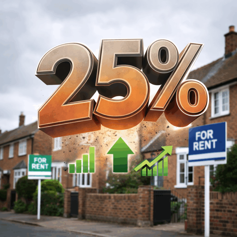 Text: 25% increase graphic over UK rental homes with for-rent signs, illustrating rising rental availability