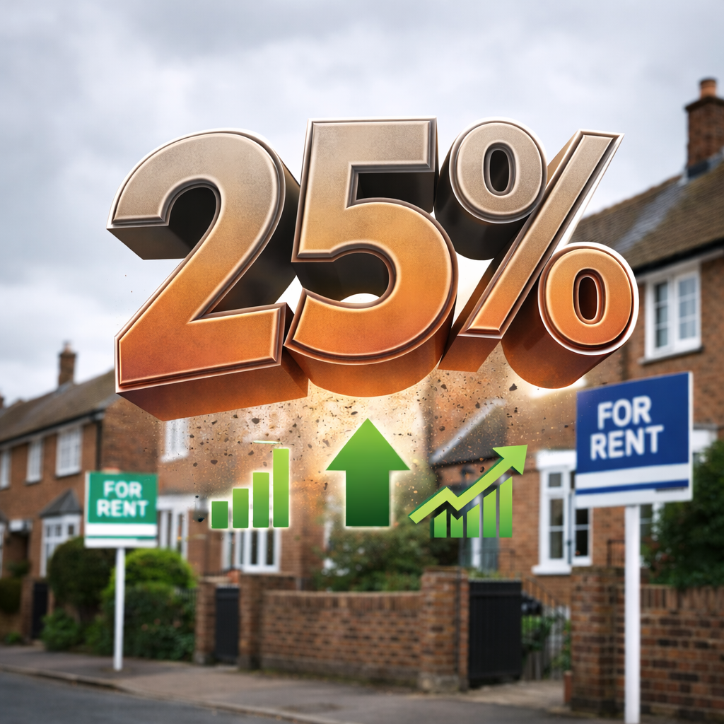 Text: 25% increase graphic over UK rental homes with for-rent signs, illustrating rising rental availability