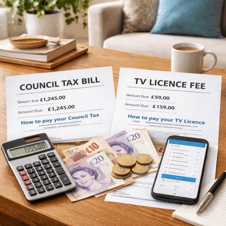 Council tax and TV licence bills with calculator, cash and smartphone on a table, illustrating tenant payment responsibilities