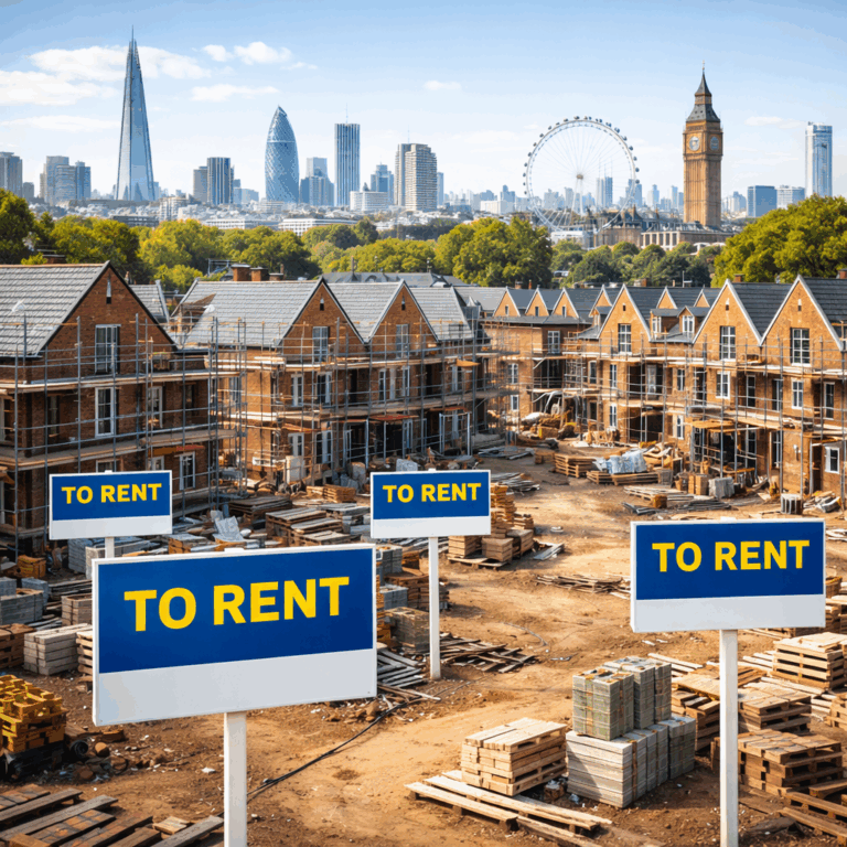 Build to Rent housing development in London with multiple to rent signs and city skyline in the background