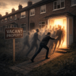 Vacant terraced house with people moving into a brightly lit doorway, symbolising bringing empty homes back into use